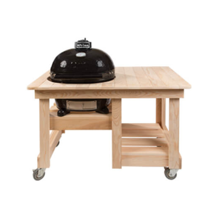 Black barbecue grill on a wooden stand with wheels against a white background