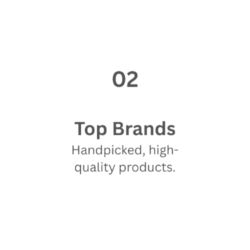 Text indicating 'Top Brands' with a focus on handpicked high-quality products on a white background.