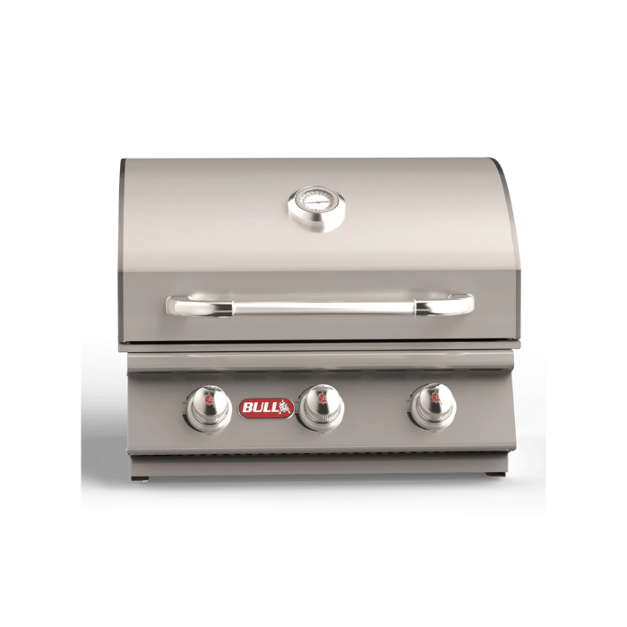 Stainless steel grill with BULL logo on a white background