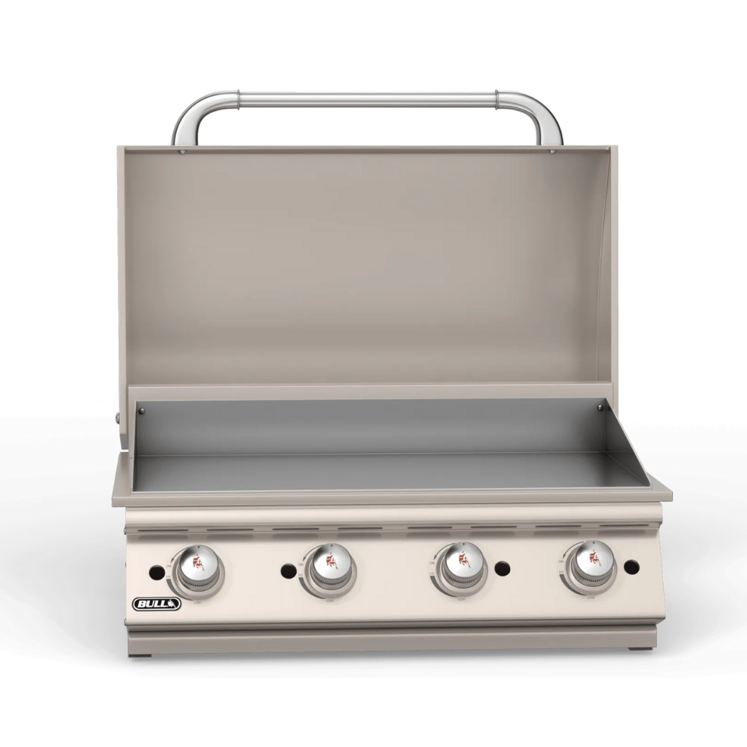 Stainless steel grill with four burners on a white background