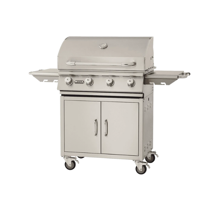 Stainless steel grill with cabinets on a white background