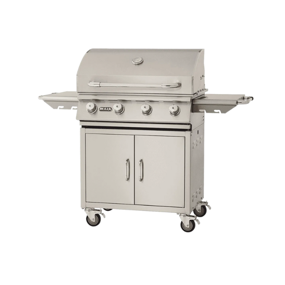 Stainless steel grill with cabinets on a white background