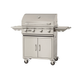 Stainless steel grill with cabinets on a white background