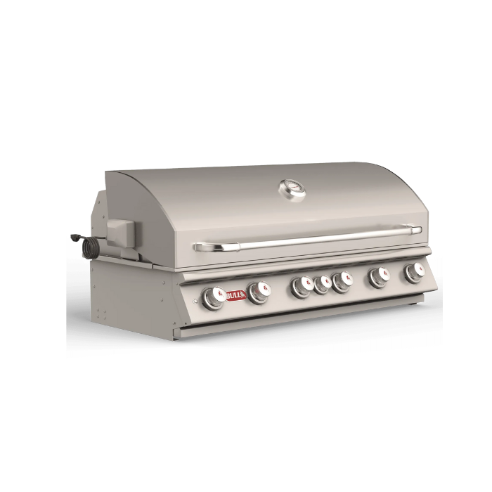 Stainless steel grill with multiple burners on a white background