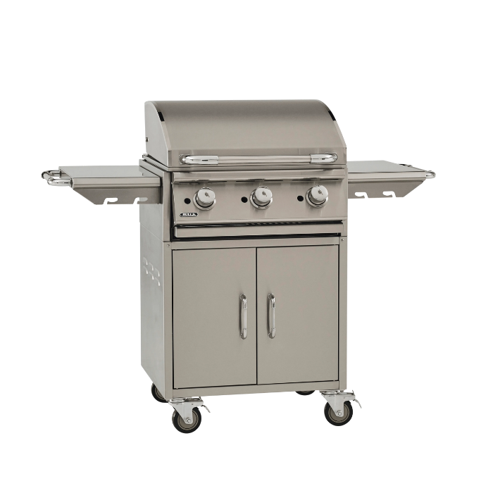 Stainless steel grill on wheels with cabinets on a white background