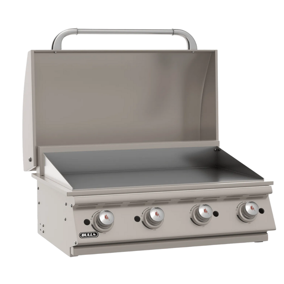 Stainless steel grill with four control knobs on a white background
