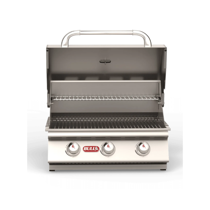 Stainless steel grill with brand logo on a white background