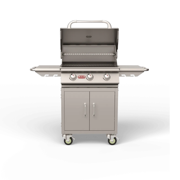 Stainless steel grill on wheels with cabinets on a white background