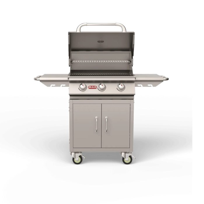 Stainless steel grill on wheels with cabinets on a white background