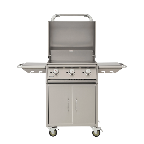 Stainless steel grill on wheels with three burners on a white background