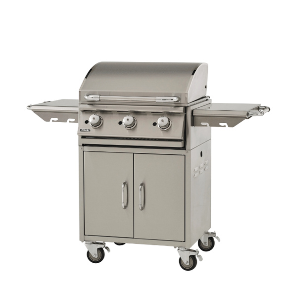 Stainless steel grill on wheels with two doors and three control knobs on a white background