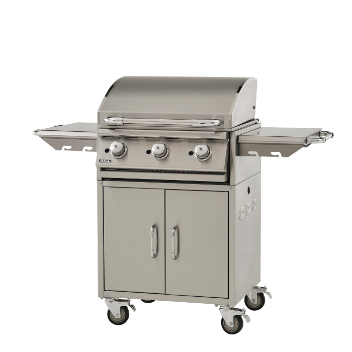 Stainless steel grill on wheels with two doors and three control knobs on a white background