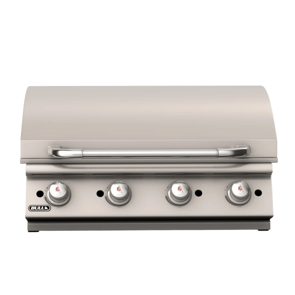 Stainless steel grill with four control knobs on a white background
