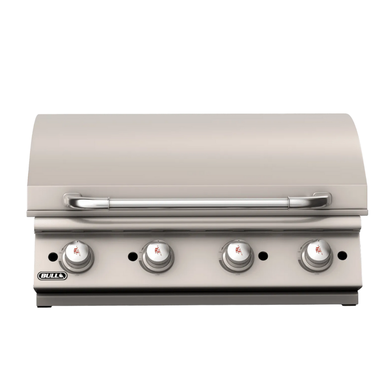 Stainless steel grill with four control knobs on a white background