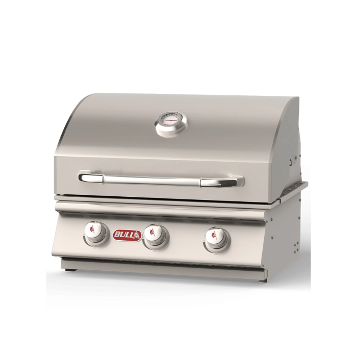 Stainless steel grill with brand logo on a white background