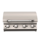Stainless steel grill with four control knobs on a white background