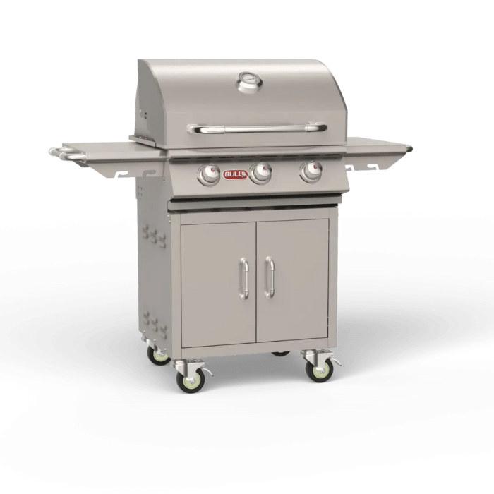 Stainless steel grill with cabinets on a white background