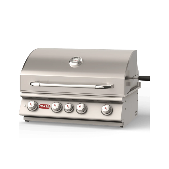Stainless steel grill with control knobs on a white background