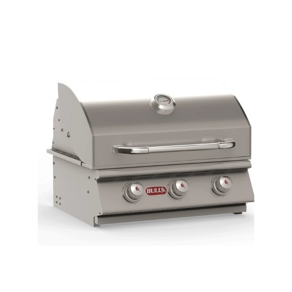 Stainless steel grill with 'BULL' logo on a white background