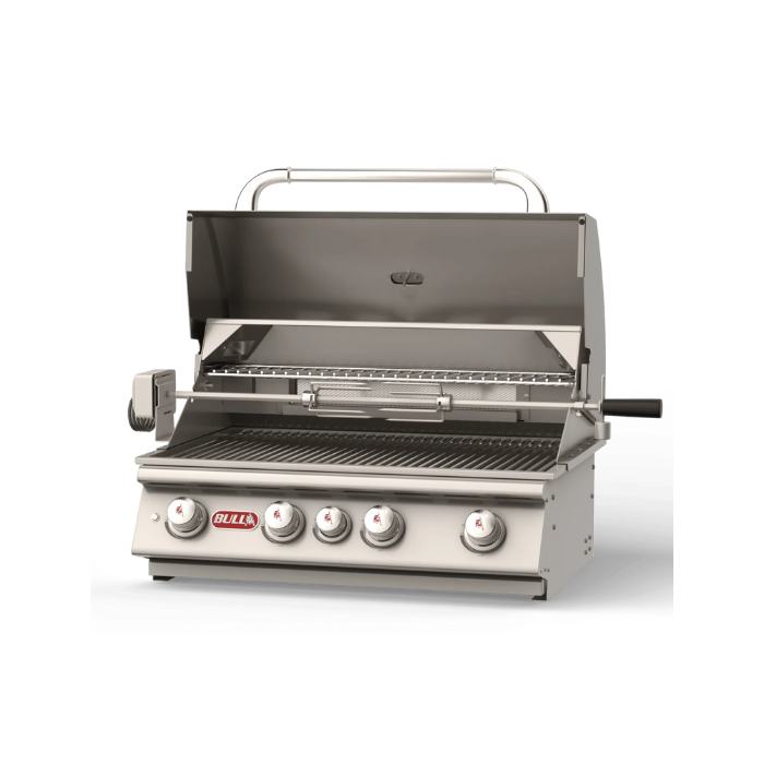 Stainless steel grill with four burners on a white background