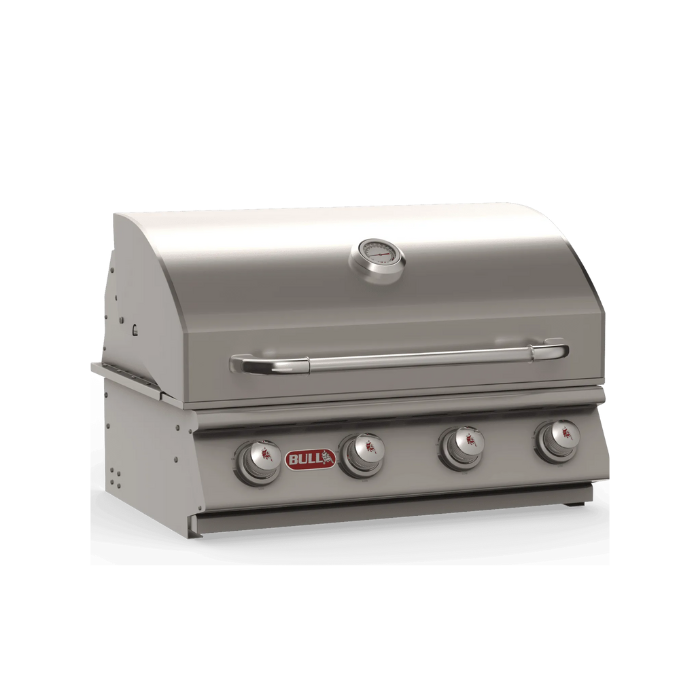 Stainless steel grill with visible Bull logo on a white background