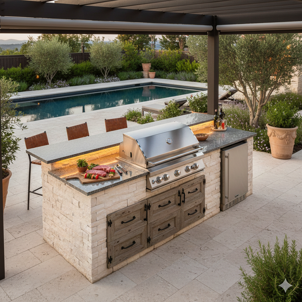 Outdoor kitchen with grill and bar stools by a pool