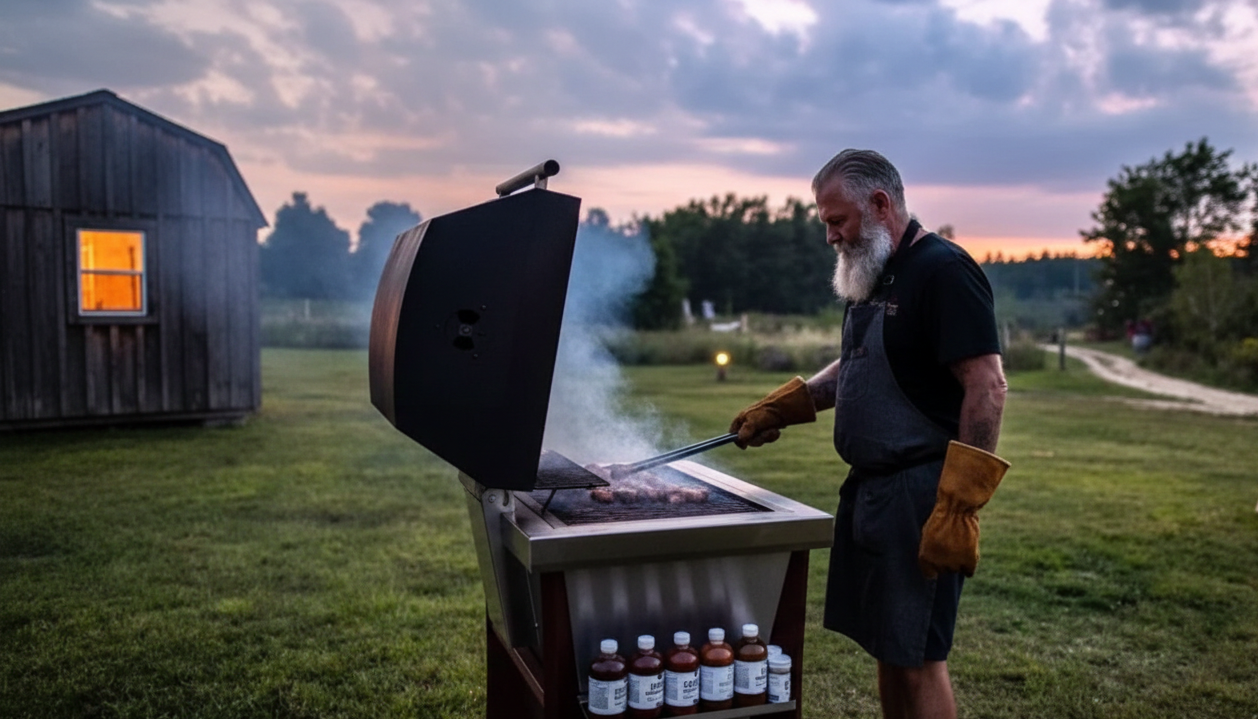 Man grilling outdoors with a scenic background