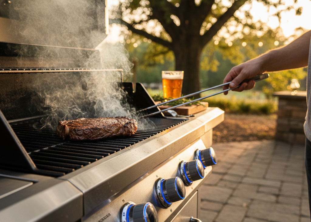 Person grilling meat on a barbecue with a beer in the background