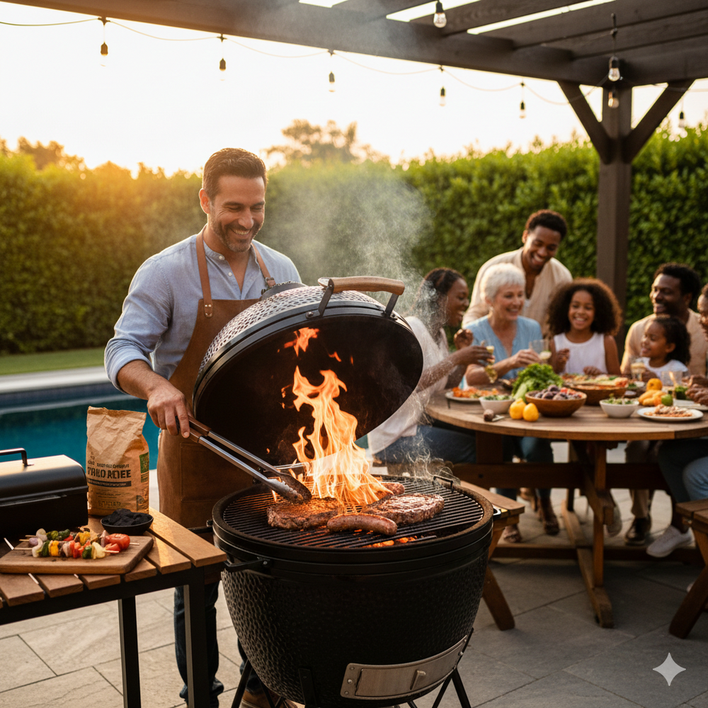 Man grilling outdoors with a family gathered around a table in the background
