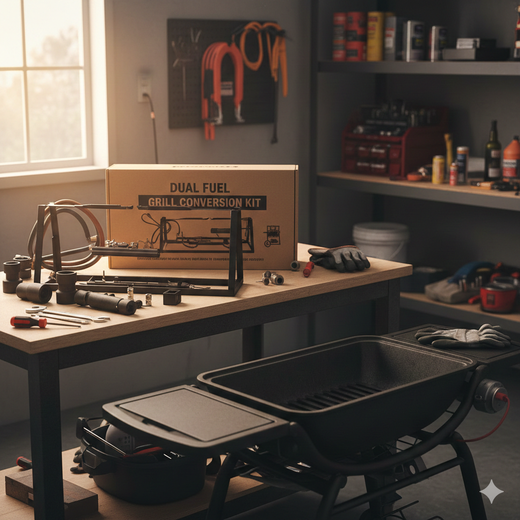 Workshop setting with grill conversion kit on a table
