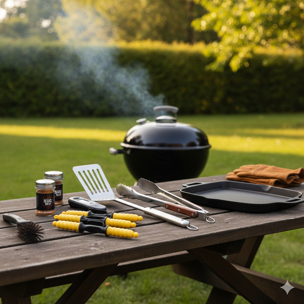Barbecue tools and accessories on a wooden table with a grill in the background.