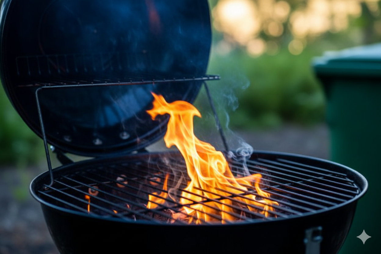 Barbecue grill with flames and smoke in an outdoor setting