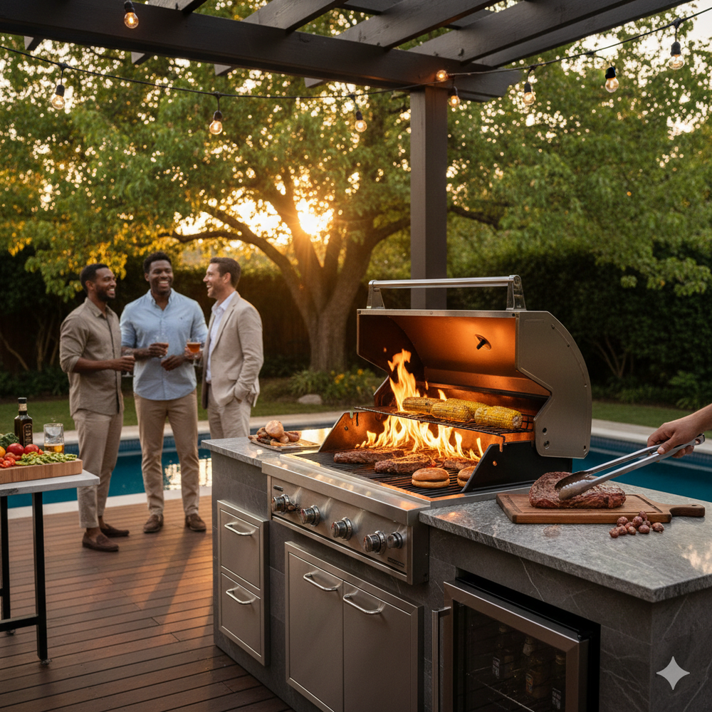 Three men standing around a barbecue grill on a patio with a pool and trees in the background.