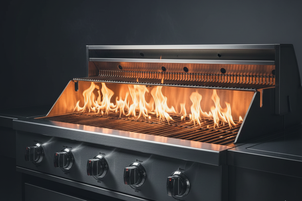 Gas grill with flames on a black background