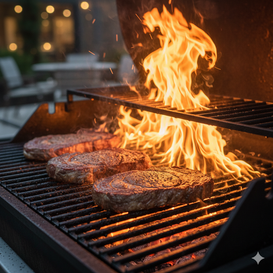 Grilling steaks on a hot grill with flames