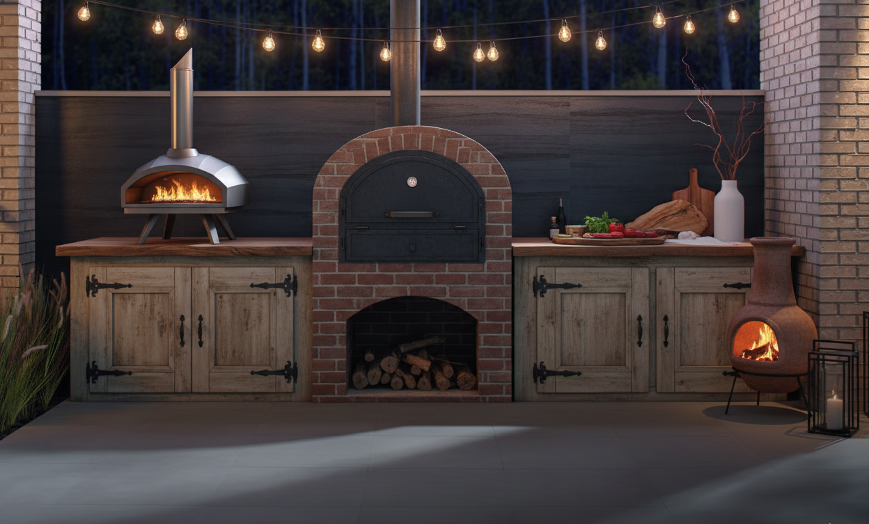 Outdoor kitchen with brick oven, pizza oven, and cabinets at night.