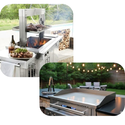 Outdoor grill setup with food and a patio area with string lights.