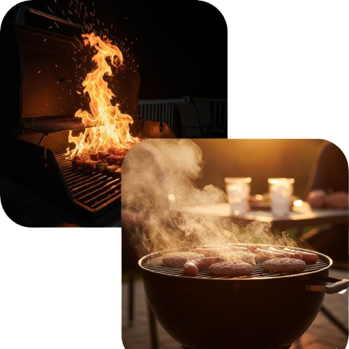 Two images of grilling activities: one with flames and the other with food cooking on a grill.