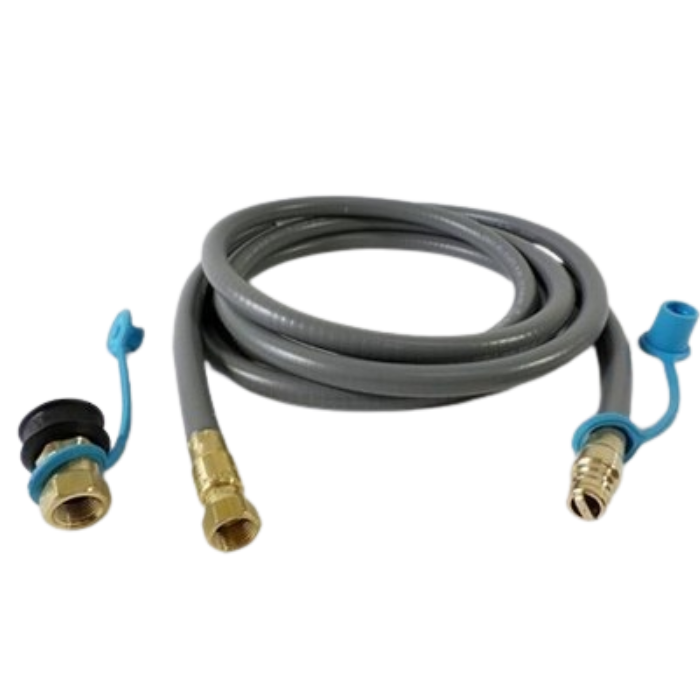 Gray hose with brass connectors on a white background