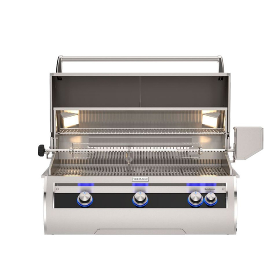 Stainless steel grill with visible brand name on a white background