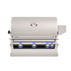 Stainless steel grill with blue LED lights on a white background