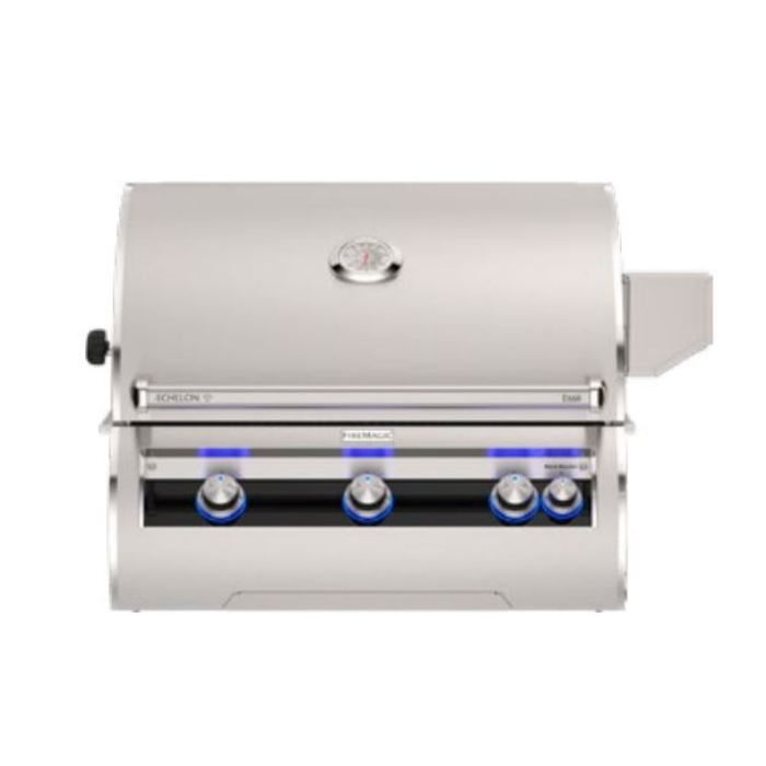 Stainless steel grill with blue LED lights on a white background