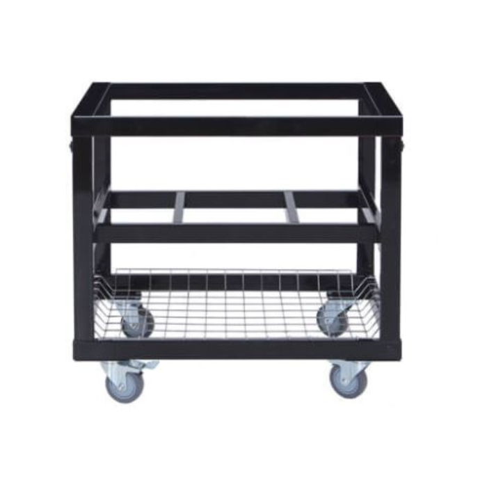 Black metal utility cart with wheels on a white background