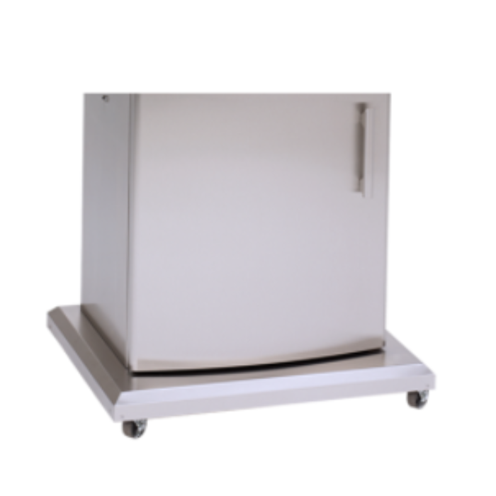 Stainless steel pedestal with wheels on a white background