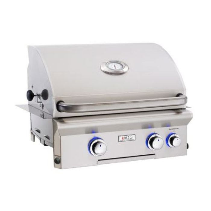 Stainless steel grill with brand logo on a white background