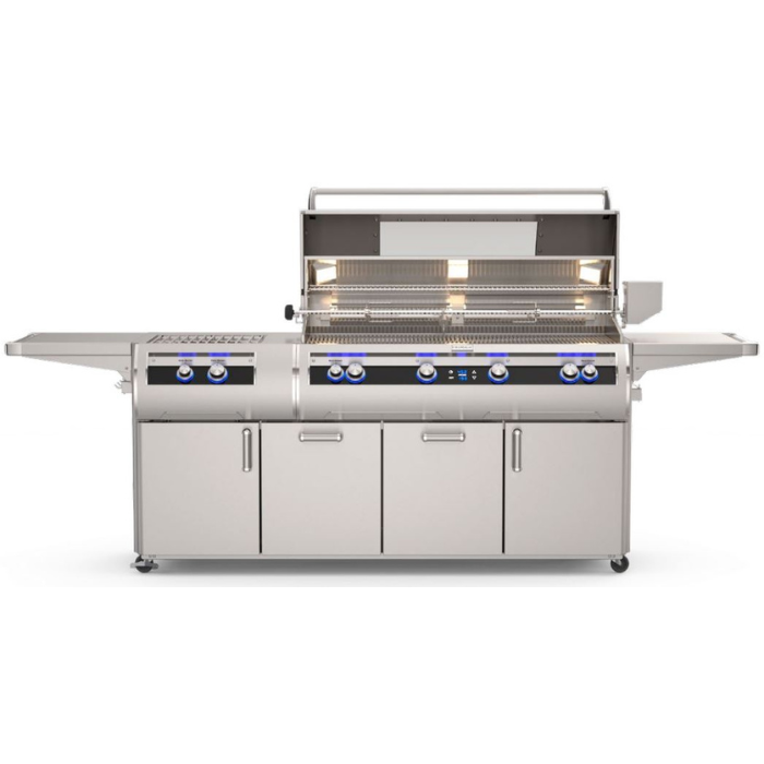 Stainless steel grill with multiple burners on a white background