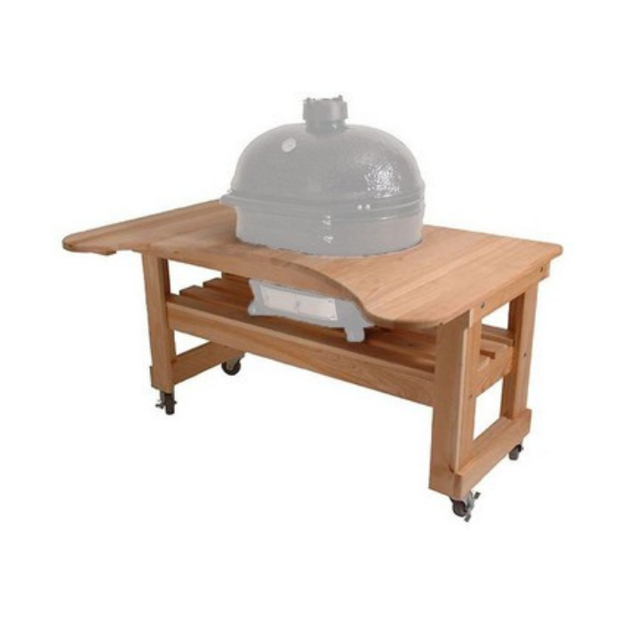 Wooden table with a ceramic barbecue on a white background