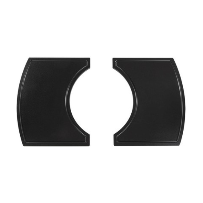 Two black plastic car seat covers on a white background