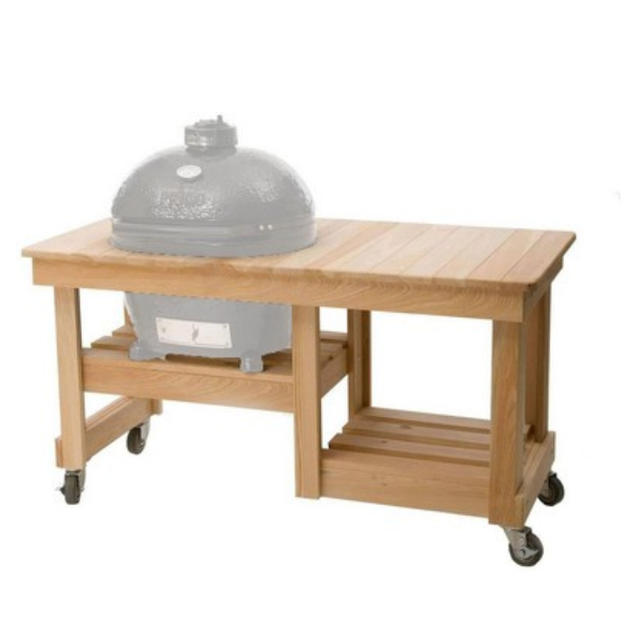 Wooden table with a gray ceramic grill on a white background