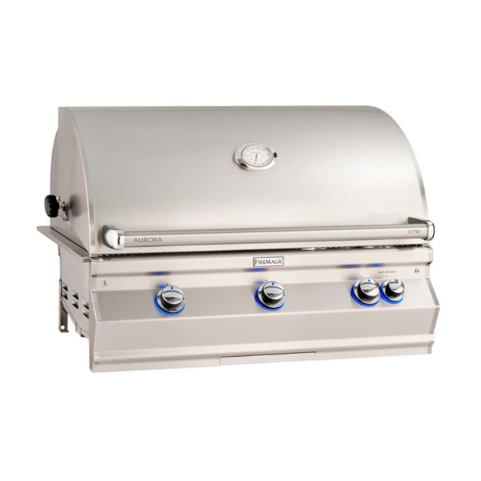 Stainless steel grill with brand logo on a white background